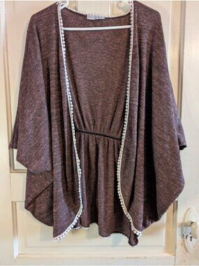 Jeanette Plus Kimono Cardigan Heathered Purple Lace Trim Size 1XL -Hole On Seam